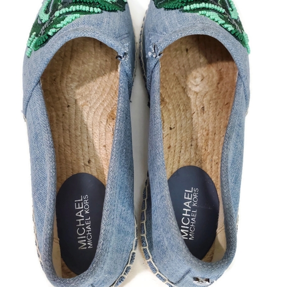 Michael Kors Kendrick Slip On Espadrille Flats Washed Denim Beaded Palm Size 6.5 - Picture 9 of 12